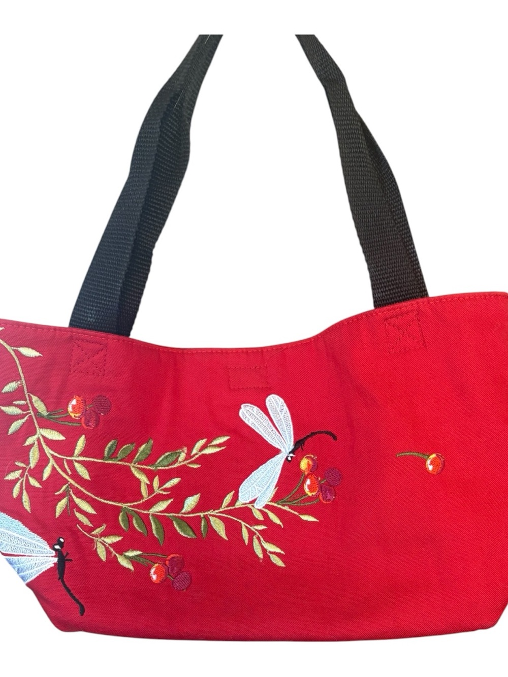 Red Embroidered Dragonfly Canvas Tote
